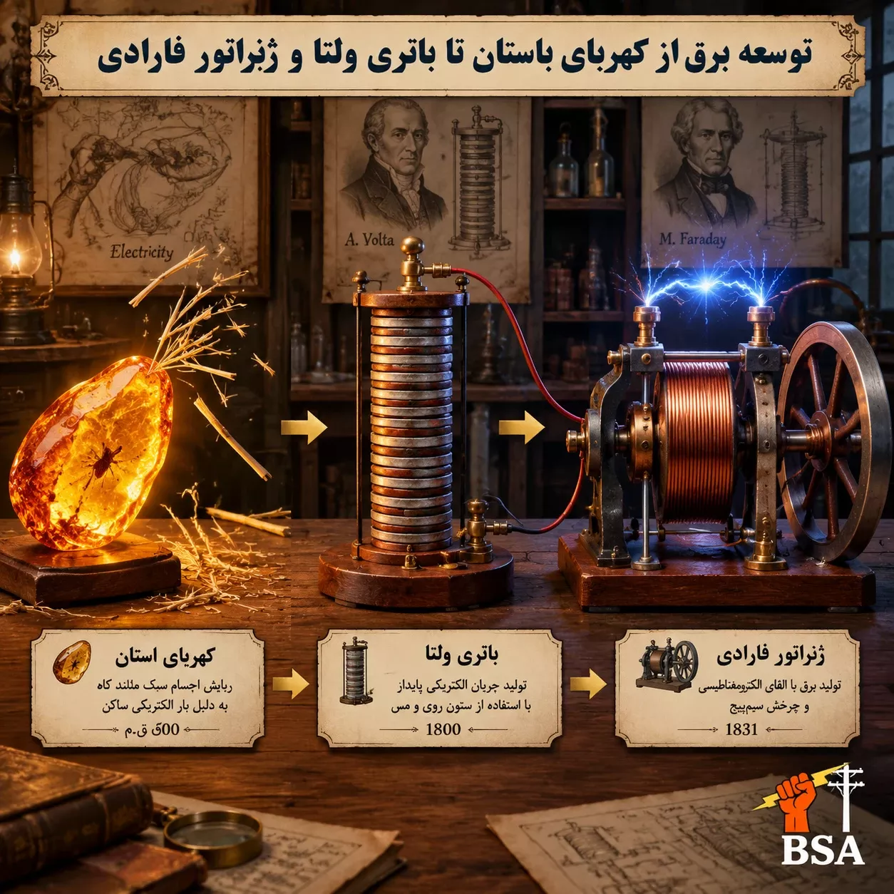 توسعه برق از کهربای باستان تا باتری ولتا و ژنراتور فارادی
